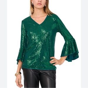 NWT Vince Camuto Emerald Crewneck Sequin Bell Sleeve Blouse Sz S